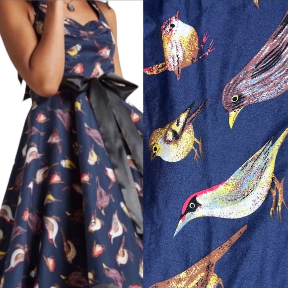 Miss Lulo Dress Womens Medium Halter Birds Retro Pinup Whimsical Quirky Girly - Picture 1 of 11